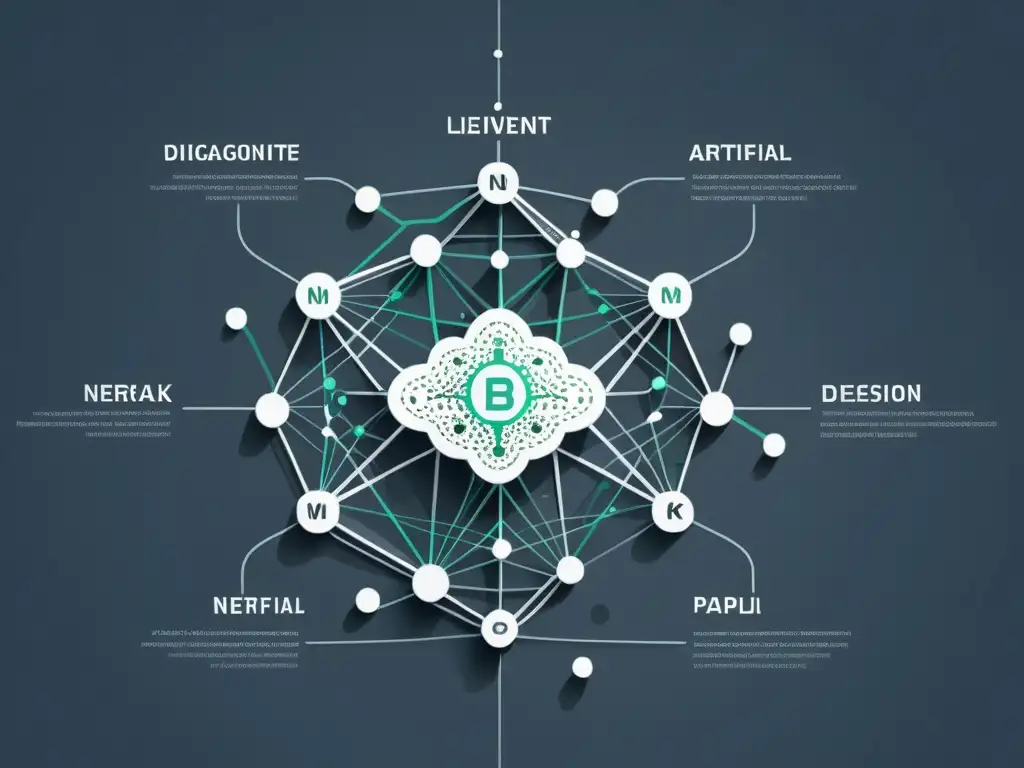 Complejo diagrama de red neuronal en blanco y negro, muestra la inteligencia artificial en mercados financieros con elegancia y sofisticación