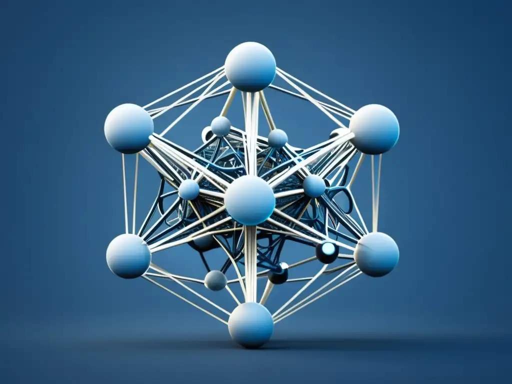 Complejo diagrama de red neuronal en tonos azules y grises, representando la inteligencia artificial en mercados financieros con nodos interconectados