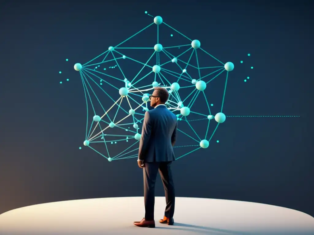 Complejo modelo económico en 8k con nodos interconectados y teorías económicas, evocando precisión analítica