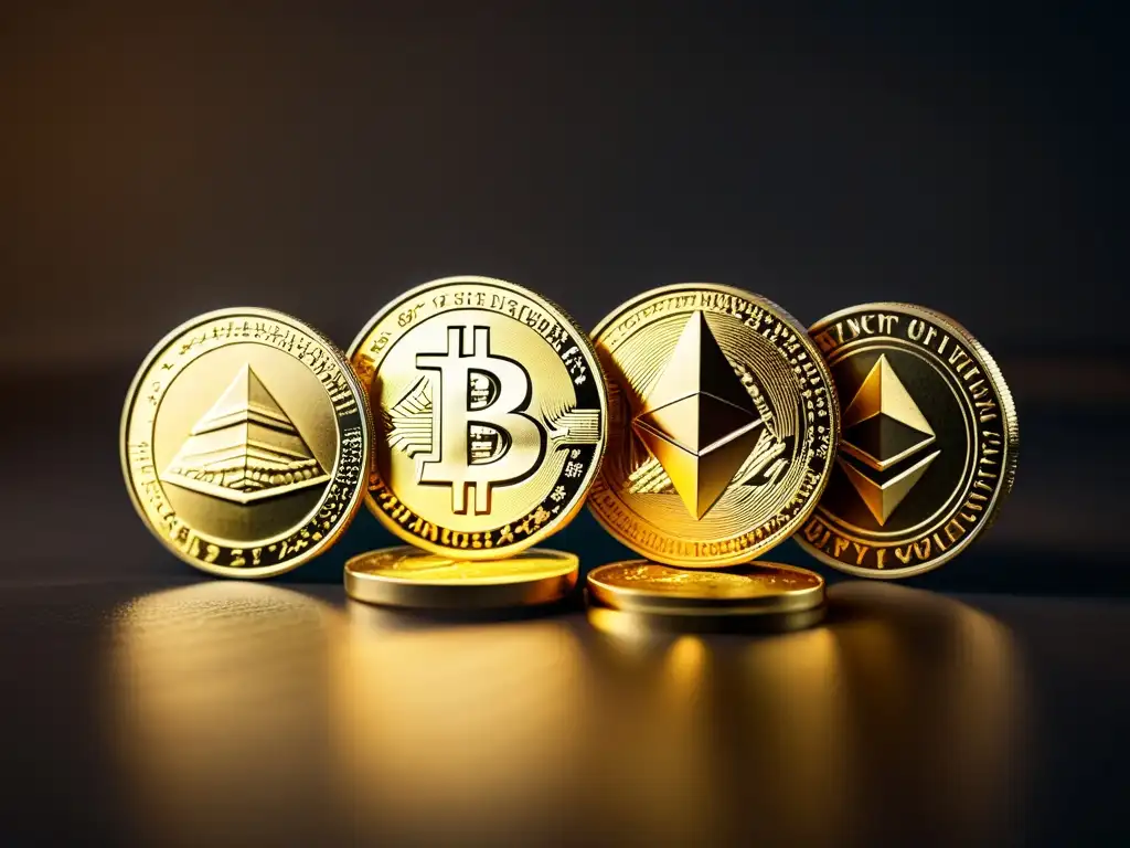 Monedas antiguas y criptomonedas: evolución visual Una composición elegante y sofisticada que captura la evolución del dinero desde metales preciosos hasta criptoactivos