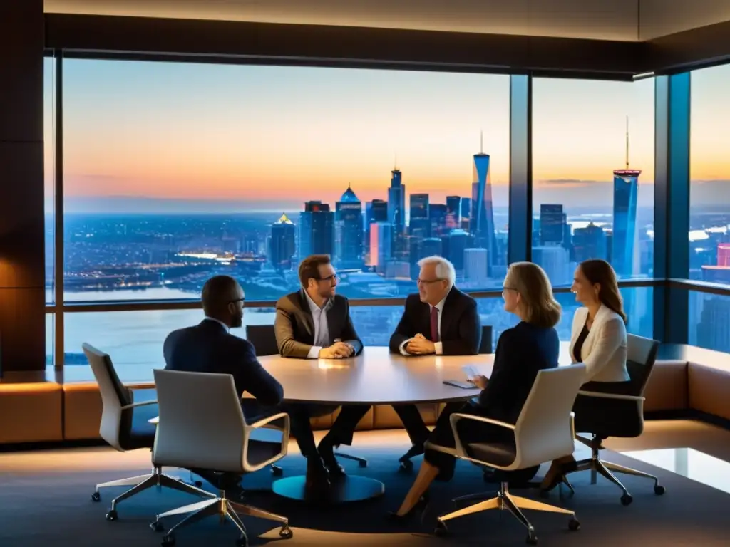 Debate de economistas destacados en conferencia exclusiva Conferencia de economistas destacados debatiendo intensamente en un ambiente exclusivo con vista a la ciudad al atardecer