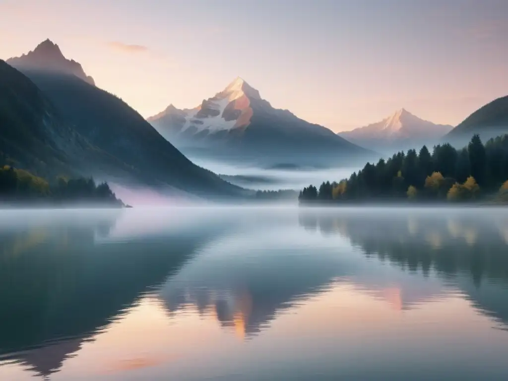 Convergencia entre Austriacos y Monetaristas: paisaje montañoso sereno al amanecer, con tonos pastel y lago tranquilo reflejando el cielo