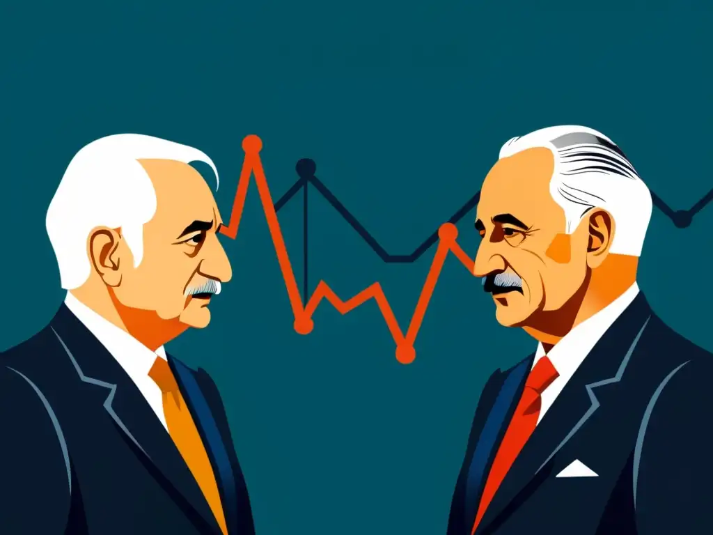 Ludwig von Mises y Friedrich Hayek discuten la crisis del petróleo de 1973, con gráficos y plataformas petrolíferas de fondo