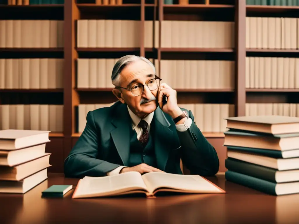 Friedrich Hayek reflexiona sobre su Crítica al Socialismo en su estudio, inmerso en pensamientos y libros