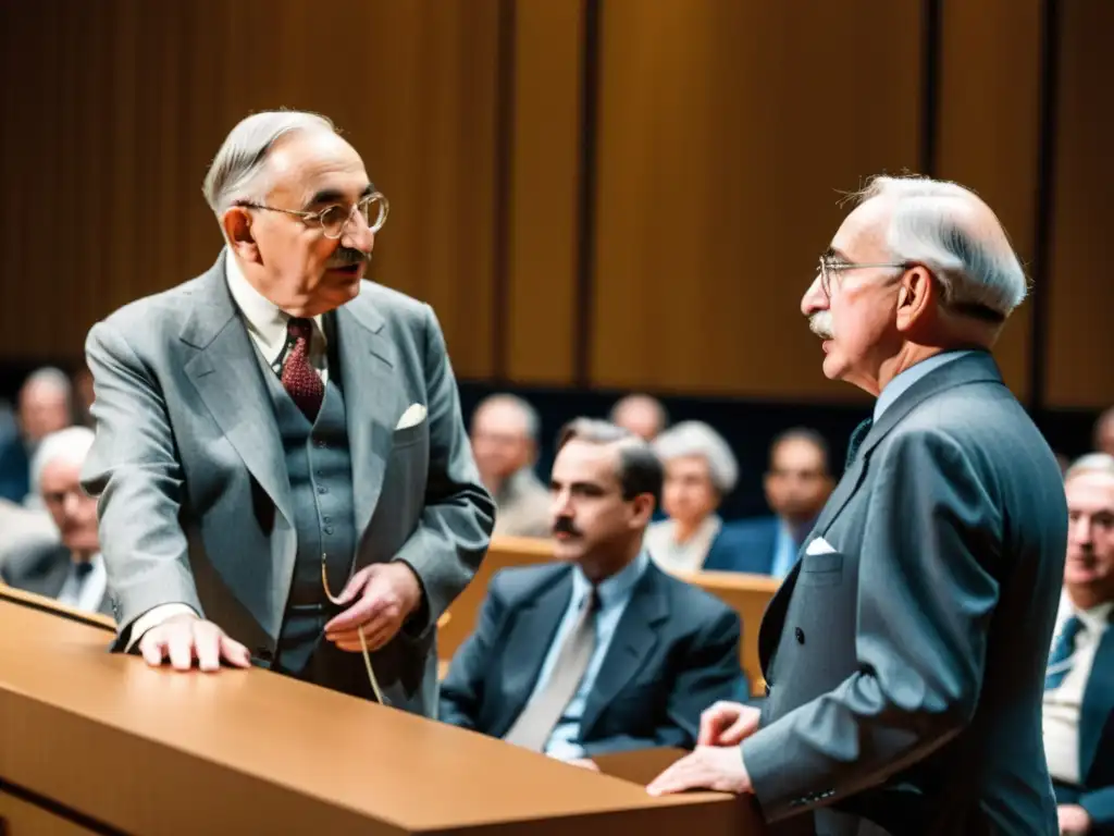 Debate apasionado entre Friedrich Hayek y Keynes en un histórico auditorio, con economistas y políticos atentos