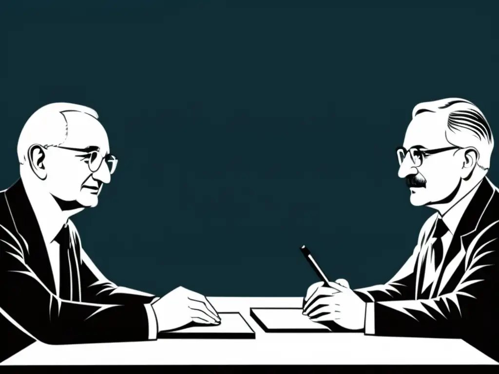 Un debate intelectual entre figuras de la Escuela Austriaca en una ilustración minimalista en blanco y negro