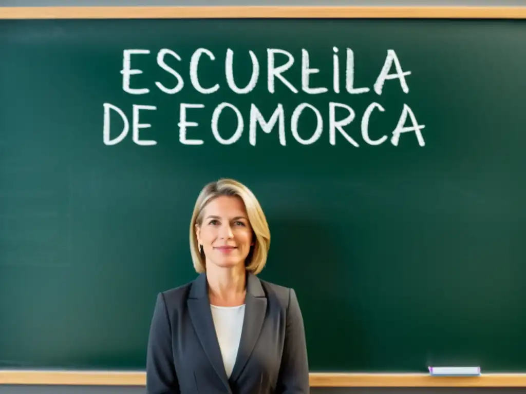 Deirdre McCloskey reflexiona frente a un pizarrón con ecuaciones económicas, en una ilustración minimalista