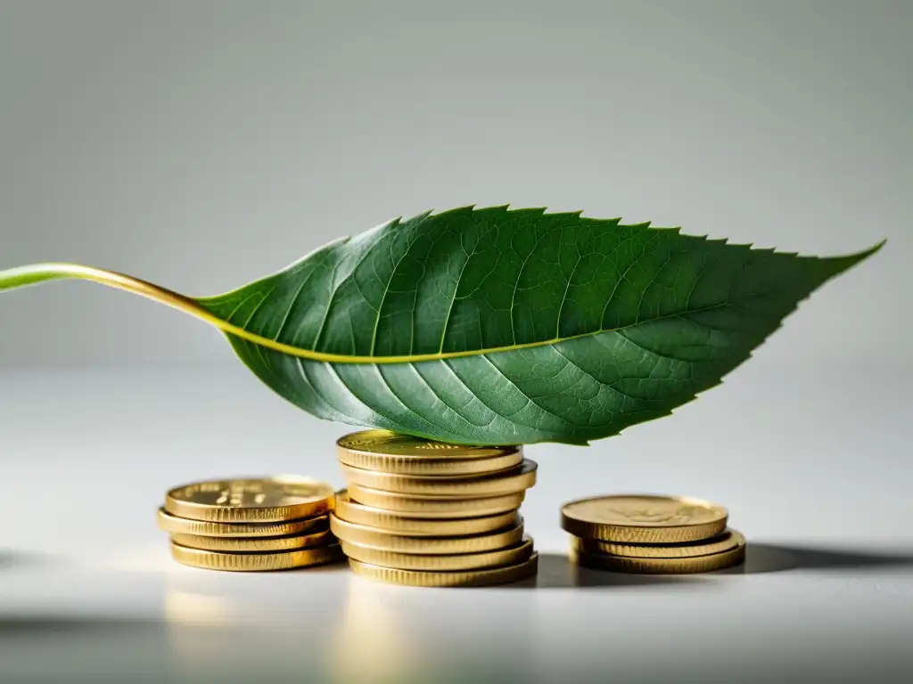 Una delicada balanza de oro equilibra monedas y una hoja verde, destacando la flexibilidad monetaria desde la perspectiva austriaca