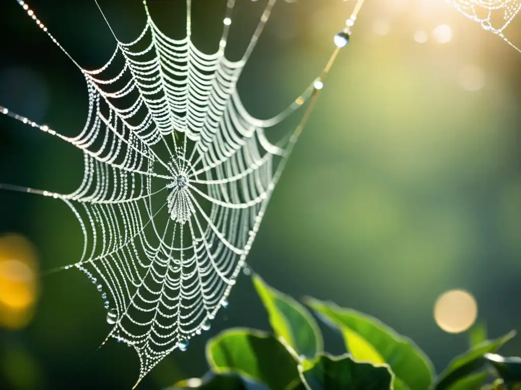 Una delicada telaraña brillante con gotas de rocío bajo la suave luz matutina, destacando el efecto de las regulaciones en la economía