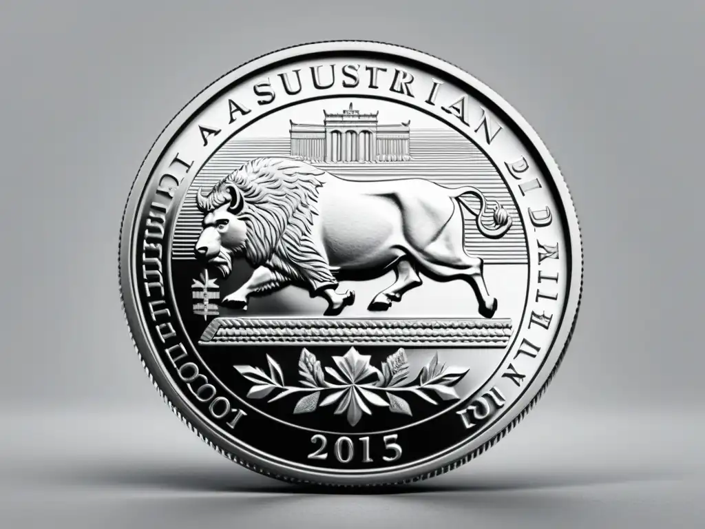 Detallada ilustración en blanco y negro de una moneda austriaca tradicional, enfocando en su intrincado diseño y textura