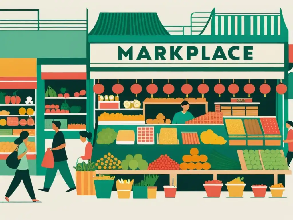 Ilustración detallada de un bullicioso mercado con vendedores y clientes en animadas conversaciones