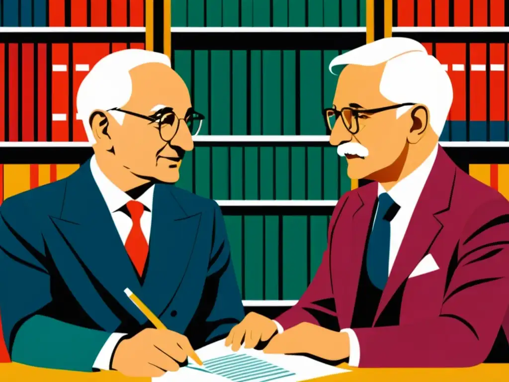 Detallada ilustración digital minimalista de Ludwig von Mises y Friedrich Hayek debatiendo en la Escuela Austriaca de Economía, rodeados de libros y gráficos económicos