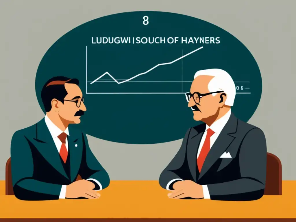 Ilustración detallada en 8k de la escuela austriaca de economía con Mises, Hayek y Menger discutiendo análisis psicología mercado