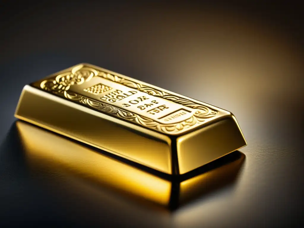 Barra de oro reluciente: lujo y detalle en alta definición Detallada imagen de una barra de oro reluciente con grabados intrincados y superficie pulida, reflejando la luz en una composición minimalista de alto contraste, evocando lujo e historia