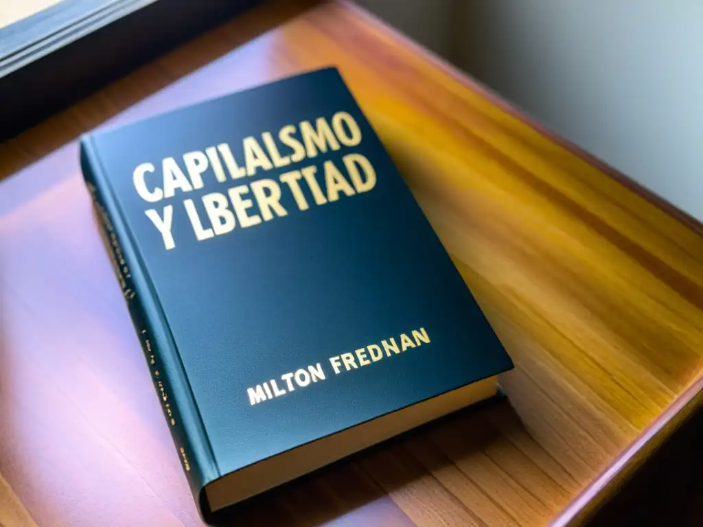 Detallada imagen de 'Capitalismo y Libertad' de Milton Friedman en un escritorio de madera, con desgaste evidente