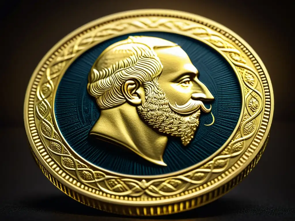 Detalles asombrosos de una moneda de oro antigua Detallada imagen de una moneda de oro con grabados intrincados sobre un fondo oscuro