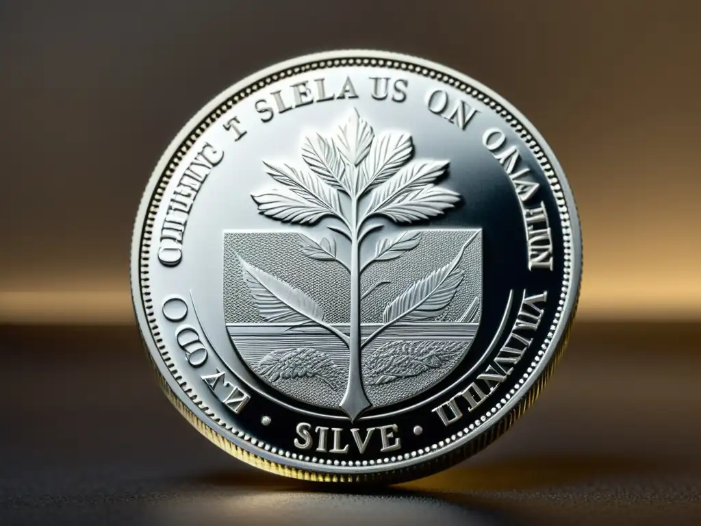 Detalles de la moneda de plata: elegancia en 8k Detallada imagen 8k de una moneda de plata, resaltando su valor en el siglo XXI con finos detalles y elegante sombra