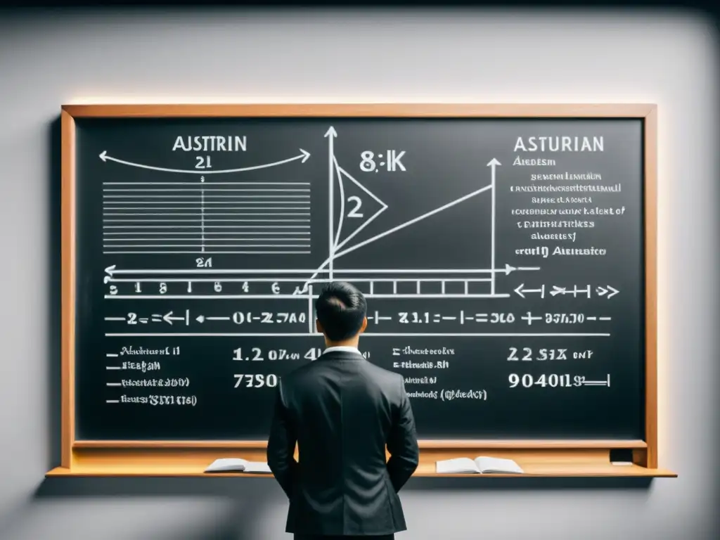 Detallada imagen 8k de pizarra con intrincados diagramas y ecuaciones que representan la Crítica de la Escuela Austriaca a Keynes