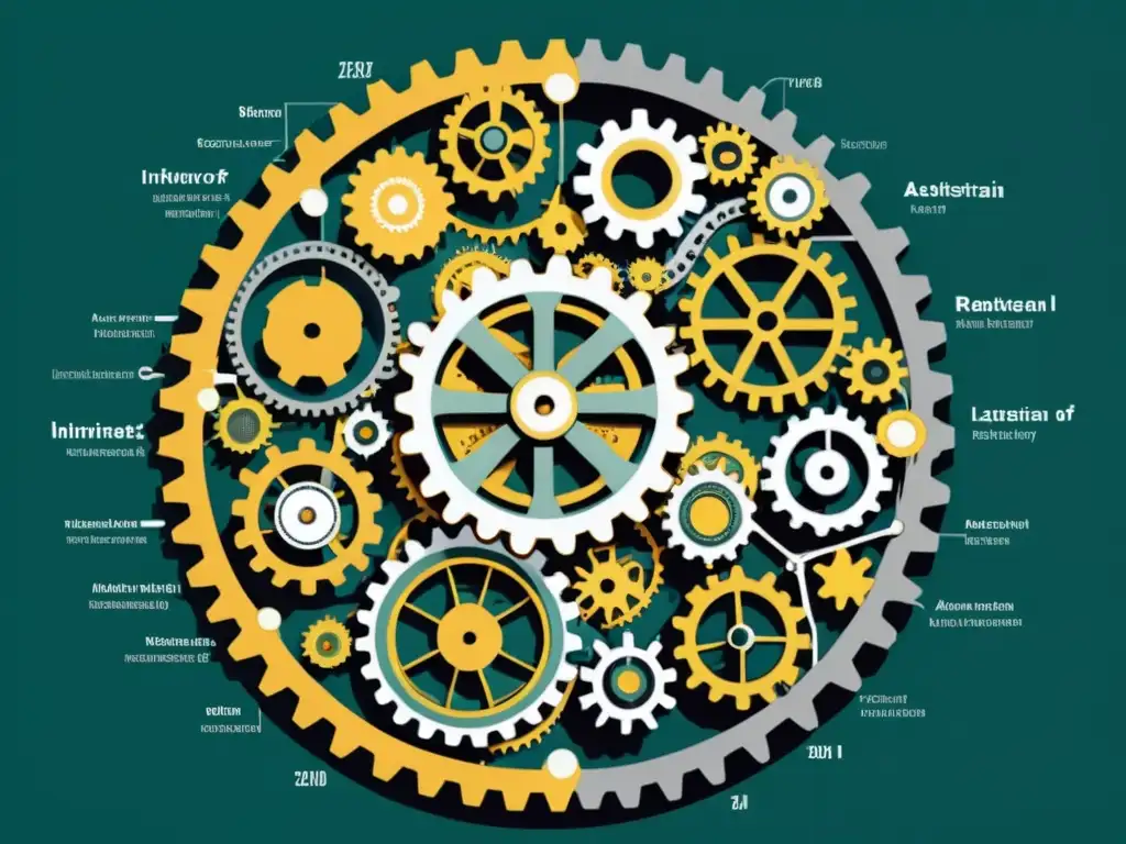 Detallada ilustración de una intrincada red de engranajes y maquinaria, representando la complejidad de la Teoría del Capital en la Escuela Austriaca