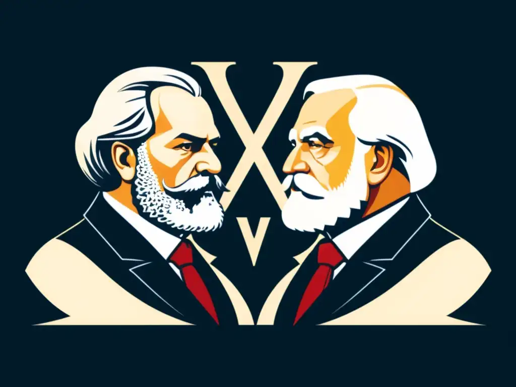 Ilustración detallada y minimalista de un debate entre Karl Marx y Ludwig von Mises, con símbolos económicos contrastantes