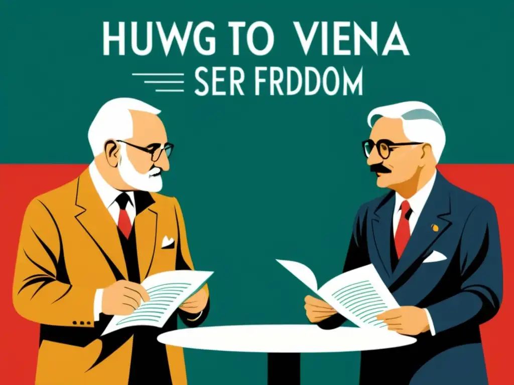 Ilustración detallada de Ludwig von Mises y Friedrich Hayek debatiendo en la Universidad de Viena, con sus obras icónicas y conceptos económicos