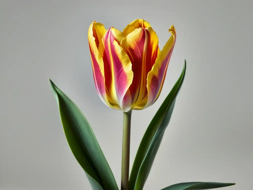 Una fotografía detallada de un solo tulipán resalta la belleza y complejidad de sus pétalos delicados, colores vibrantes y textura sutil