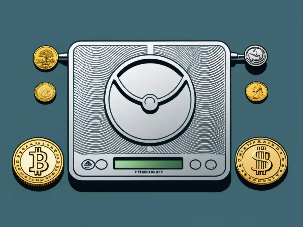 Detallado dibujo de una balanza con monedas en un lado y espacio libre en el otro, simbolizando las perspectivas contrastantes sobre el rol del Estado en la economía