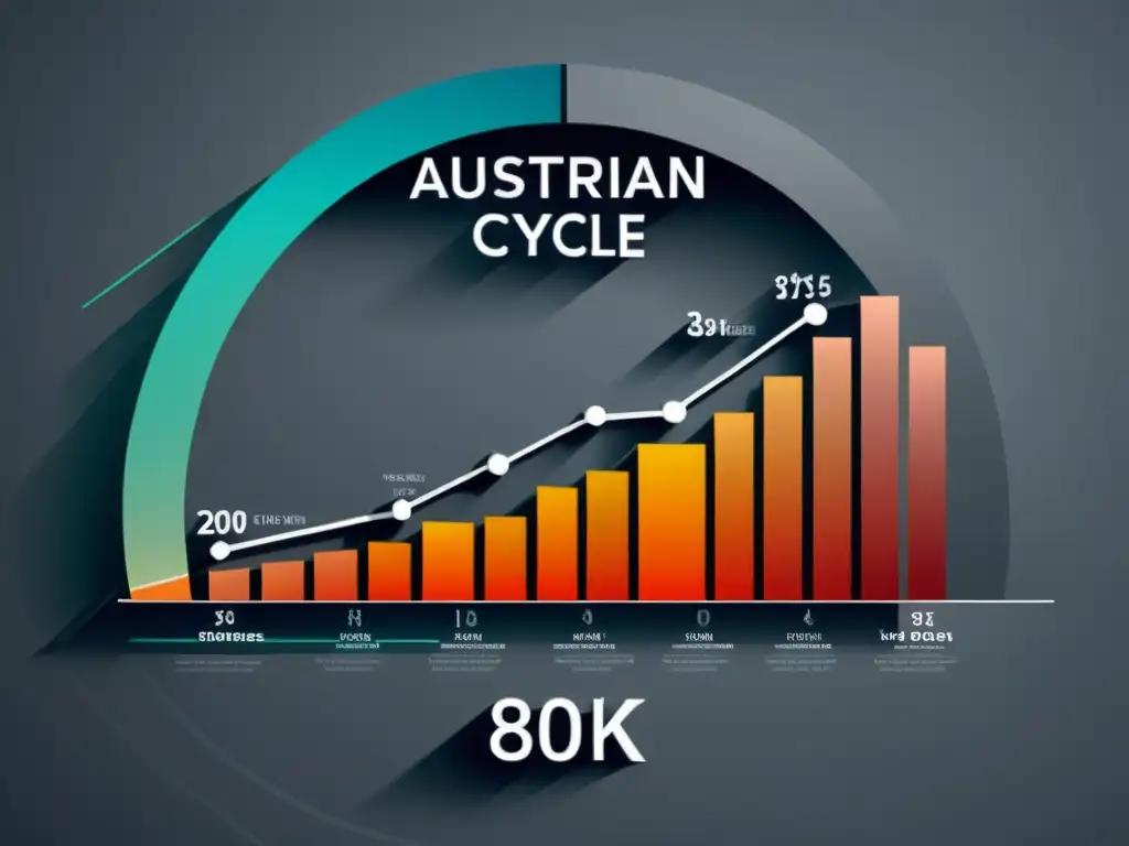 Detallado gráfico 8k de ciclo económico, con líneas intrincadas y etiquetas ilustrando las etapas de la teoría austriaca del ciclo económico