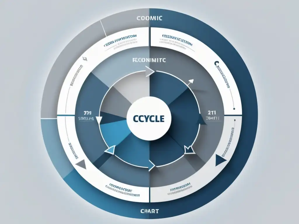 Un detallado gráfico minimalista de un ciclo económico, con intrincados bucles y flechas en tonos de azul y gris, sobre fondo blanco