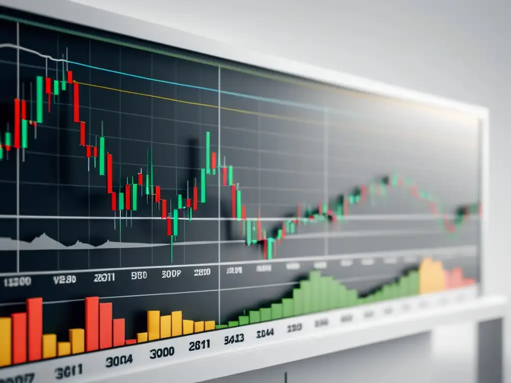 Un detallado gráfico de velas bursátiles en una plataforma de trading contra inflación, con líneas de colores y datos precisos sobre fondo blanco