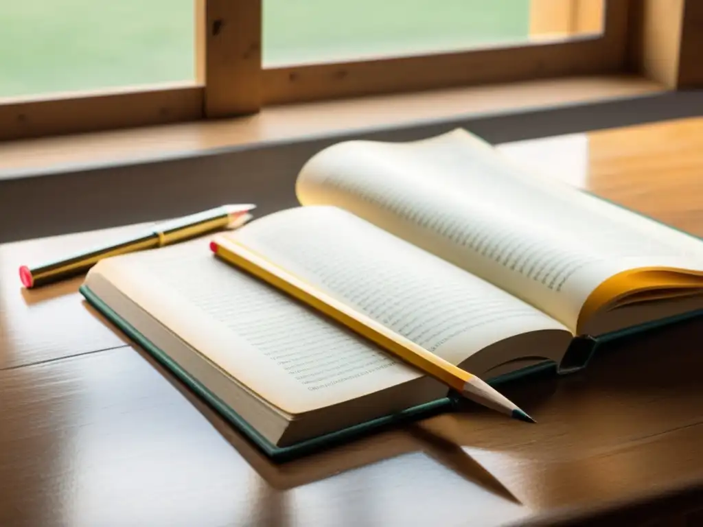 Detallado libro de la escuela austriaca abierto en un escritorio de madera, rodeado de lápices y gafas, bañado por cálida luz natural