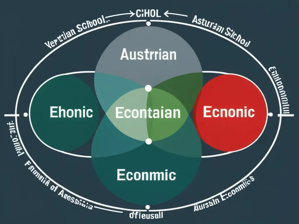 Venn diagrama detallado y minimalista compara Teoría Emprendedora Escuela Austriaca con otras teorías económicas prominentes