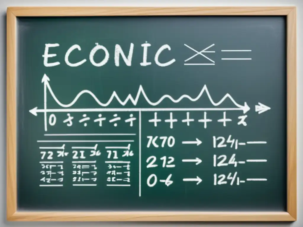 Detallado y preciso, un pizarrón blanco y negro muestra intrincadas ecuaciones y gráficos económicos, representando la profundidad de las Teorías de la Escuela Austriaca de Economía