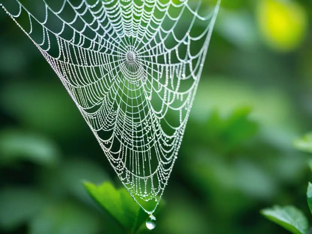 Detalle asombroso de una tela de araña reluciente cubierta de rocío, en un bosque exuberante