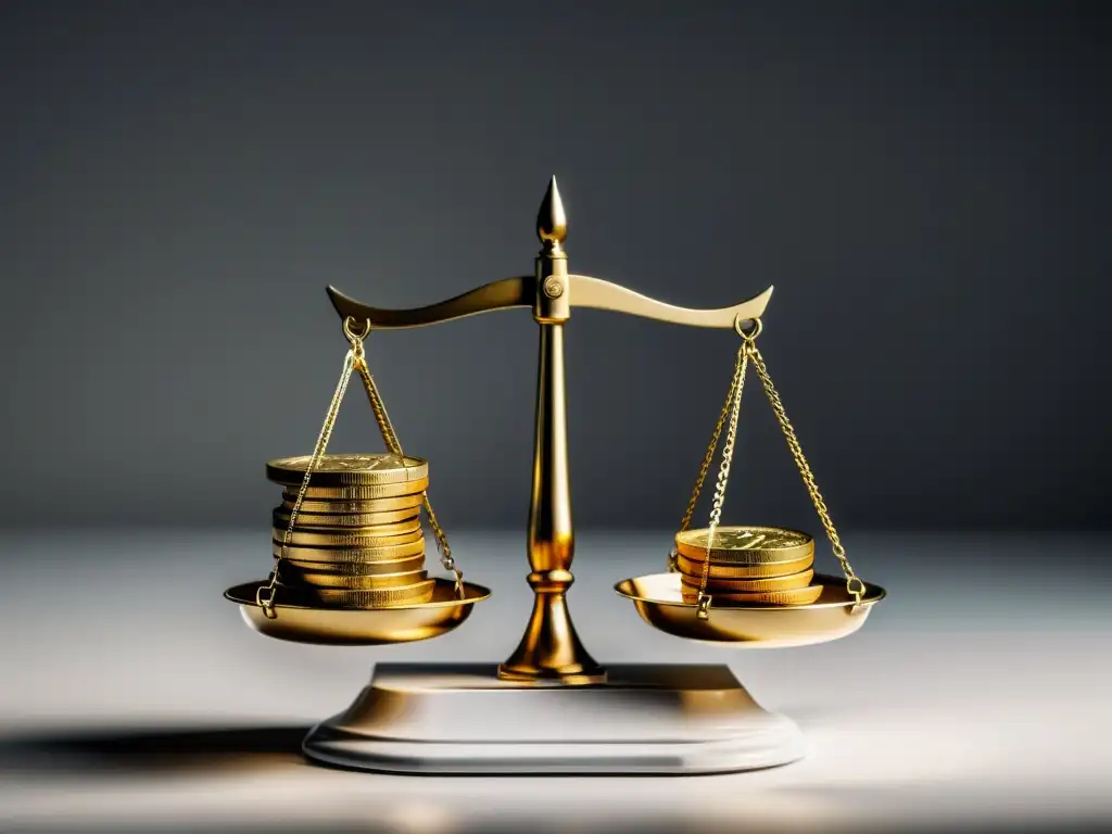 Inflación y política monetaria: escala de dinero Detalle de una balanza con dinero en un lado y una moneda de oro en el otro, representando la influencia de la política monetaria en la inflación