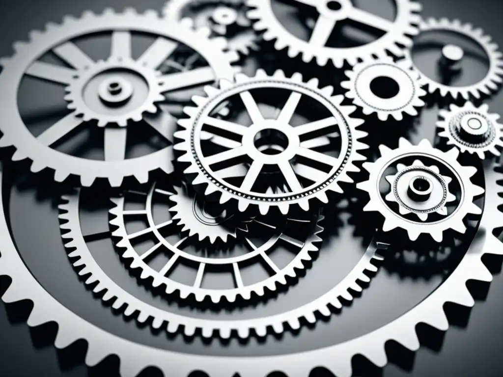 Detalle en blanco y negro de intrincados engranajes, representando la Teoría del ciclo económico F