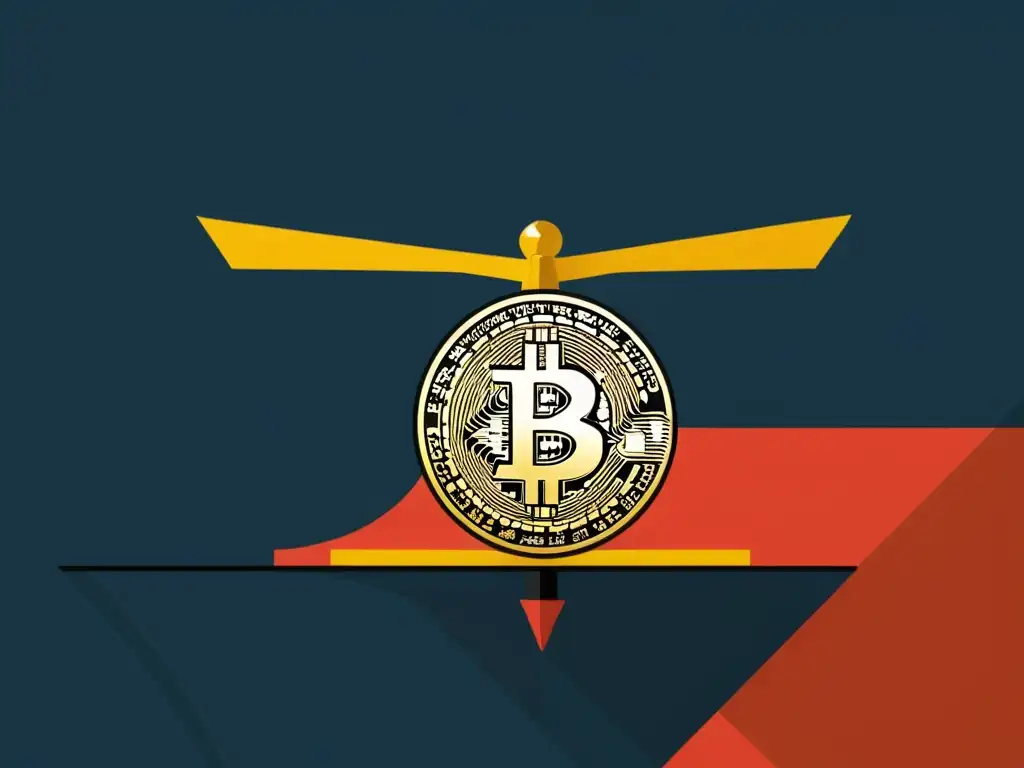 Detalle de ilustración digital minimalista de un bitcoin dorado en una balanza, simbolizando equilibrio económico y estabilidad en el mercado de criptomonedas