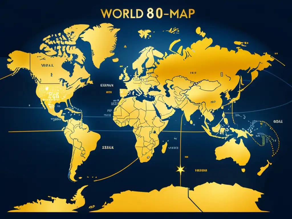 Detalle dorado de rutas comerciales en mapa mundial