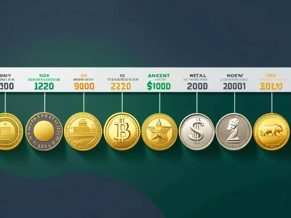 Evolución del dinero: de monedas antiguas a criptomonedas Detalle fascinante de la evolución del dinero, desde monedas antiguas hasta criptoactivos, con un estilo minimalista y símbolos icónicos