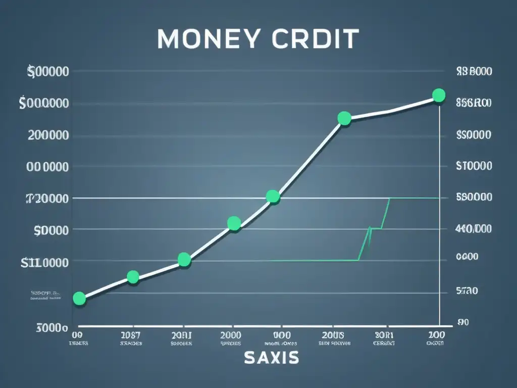 Detalle 8k de gráfico estilizado que muestra la evolución del dinero y crédito según Mises, con anotaciones elegantes