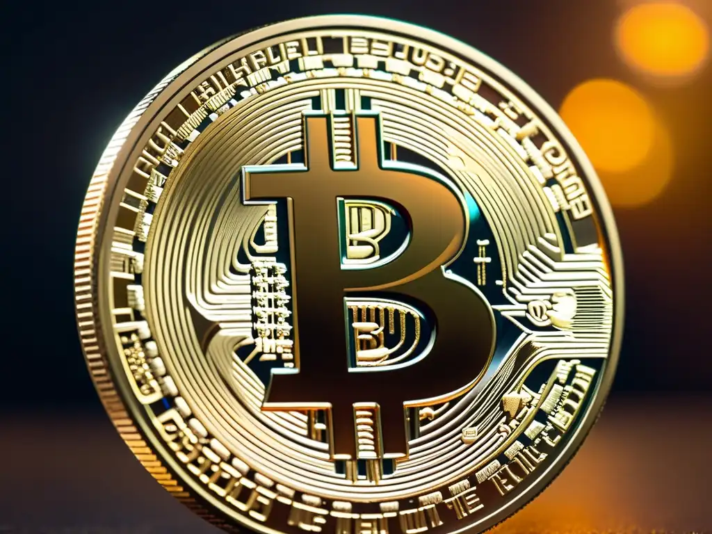 Detalle impresionante de un bitcoin físico, resaltando el diseño y la textura