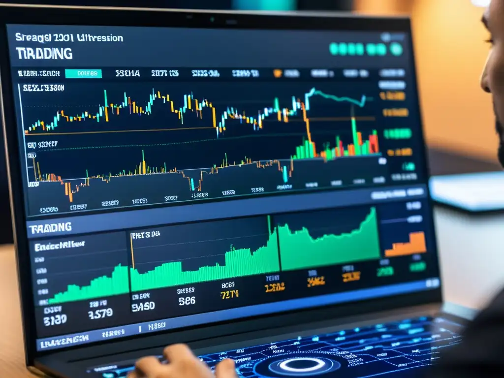 Detalle de una interfaz moderna y elegante de plataforma de trading, con gráficos e información detallada