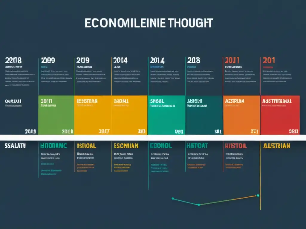 Detalle ultraminimalista en 8k de línea temporal histórica del pensamiento económico con enfoque en la perspectiva austriaca