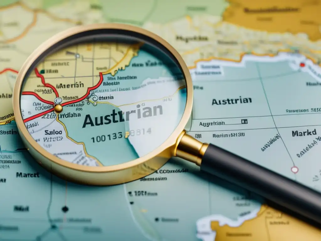 Detalle en 8k de una lupa sobre un mapa, revelando datos de mercado, vinculado a métodos austriacos para identificar oportunidades