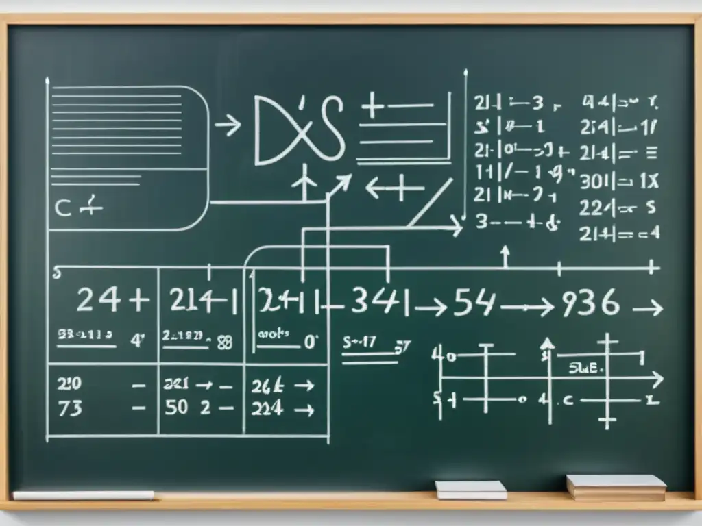 Detalle meticuloso de un pizarrón con diagramas y ecuaciones, representando la Teoría del capital Escuela Austriaca en blanco y negro