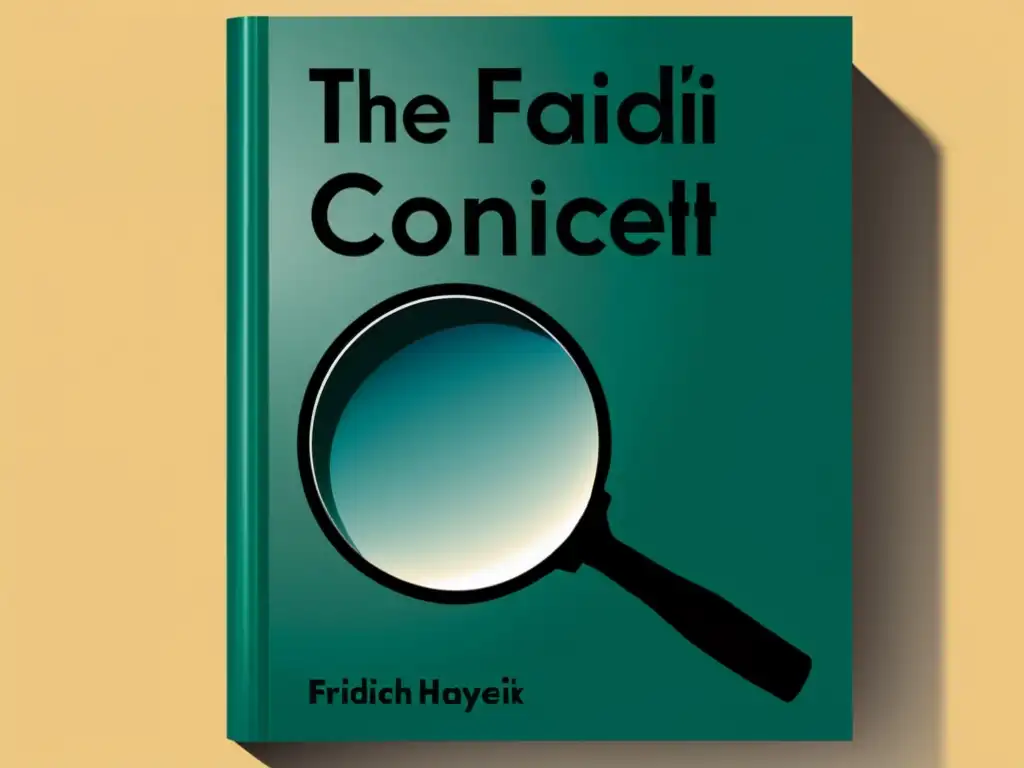 Detalle nítido de lupa sobre el libro 'The Fatal Conceit' de Friedrich Hayek, con reflejo de luz sutil