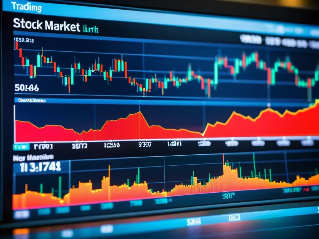 Detalle de pantalla de trading con gráficos de velas, indicadores técnicos y datos en tiempo real