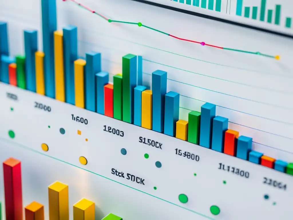 Detalle ultrapreciso de gráfico financiero minimalista con colores vibrantes, representando fluctuaciones de acciones