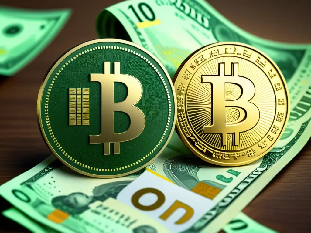 Comparación detallada: stablecoin vs Detalle ultrarrealista de stablecoin y moneda fiat, mostrando estabilidad y volatilidad en stablecoins