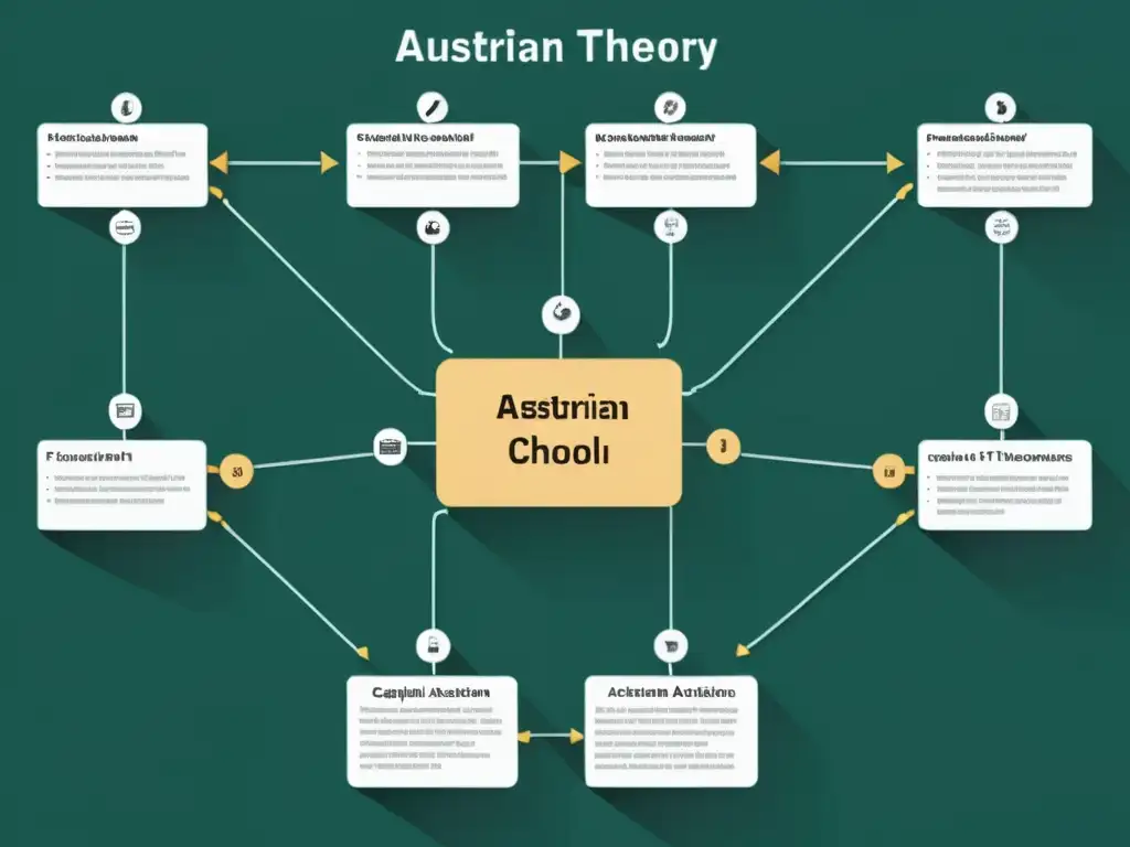 Un diagrama de flujo de la Teoría del capital Escuela Austriaca, detallado y minimalista, con colores modernos y etiquetas claras